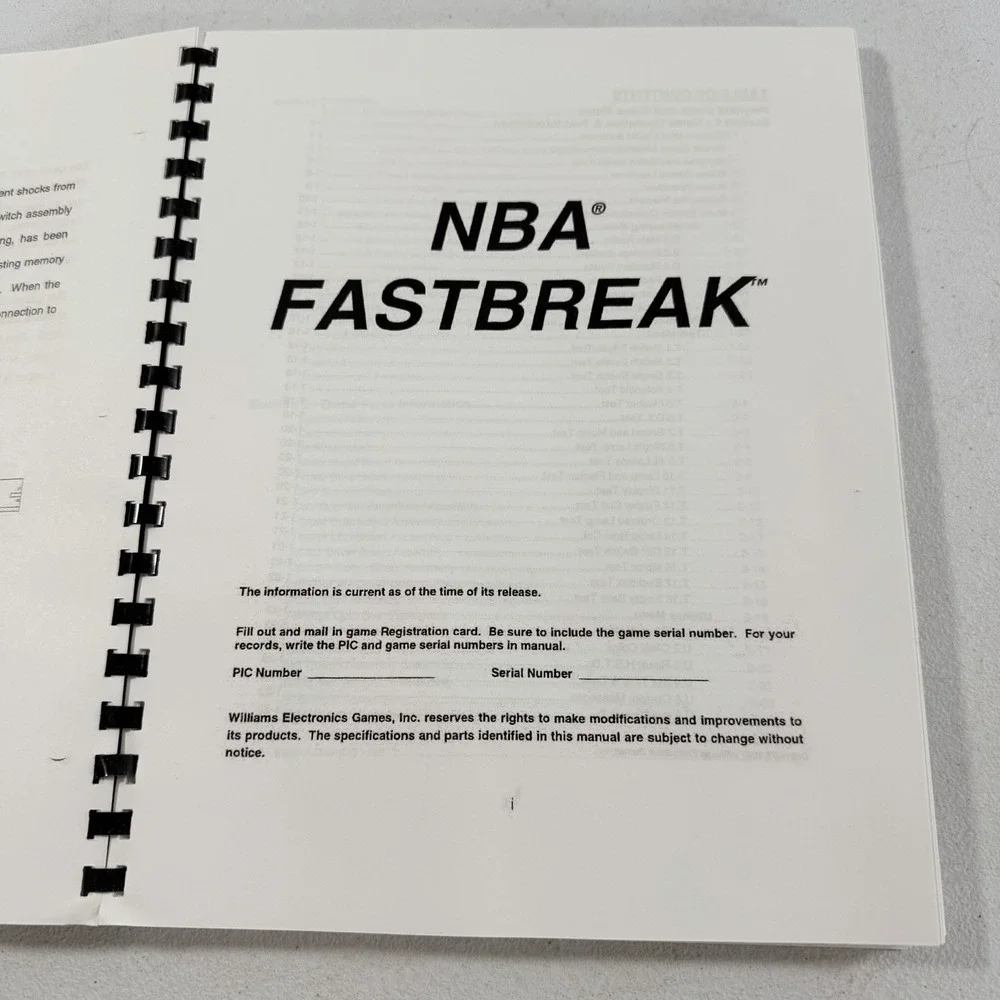 Bally NBA Fastbreak Pinball Arcade Game Manual 1997